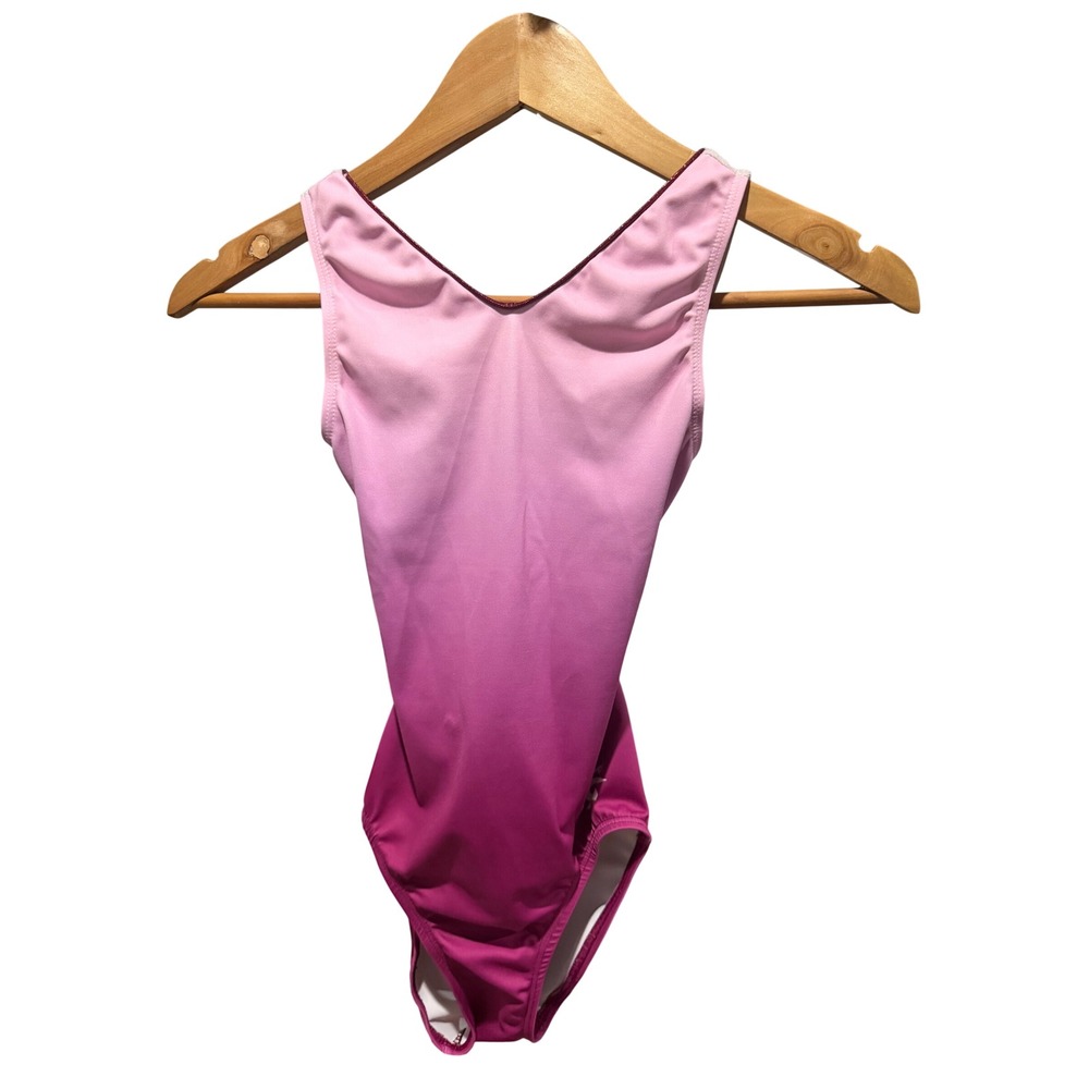 GK Elite Jade Carey Kids Gymnastics Leotard Pink Purple Ombre Mesh Back AXS - Picture 1 of 8